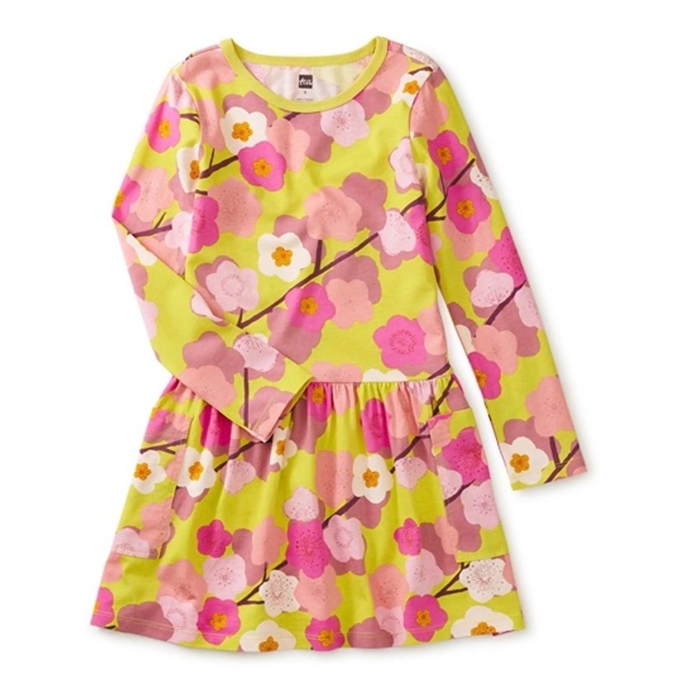 Tea Collection Girls Cherry Blossom Floral Long Sleeve Pocket Dress Size 10